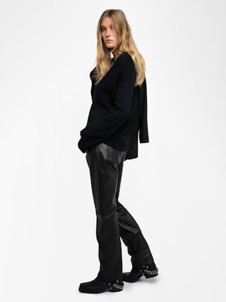 Miky Cashmere Sweater - Black cashmere sweater adorned with "Rock'n'Roll" embroidery on the collar and "Call Me Baby" on the right sleeve.