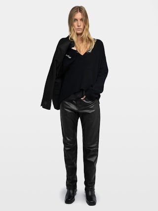 Miky Cashmere Sweater - Black cashmere sweater adorned with "Rock'n'Roll" embroidery on the collar and "Call Me Baby" on the right sleeve.