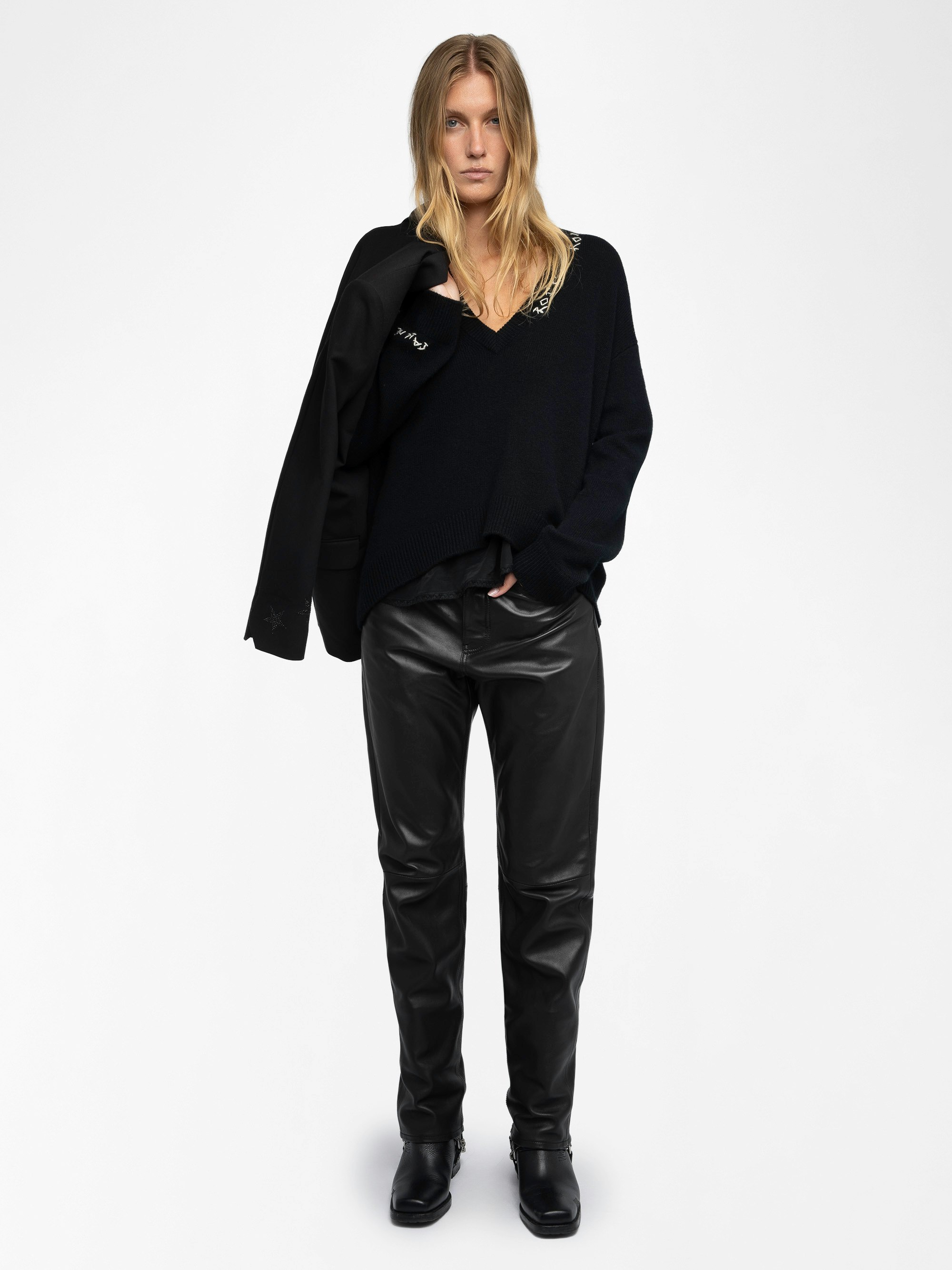 Miky Jumper 100% Cashmere - 100% black cashmere jumper adorned with "Rock'n'Roll" embroidery on the collar and "Call Me Baby" on the right sleeve.