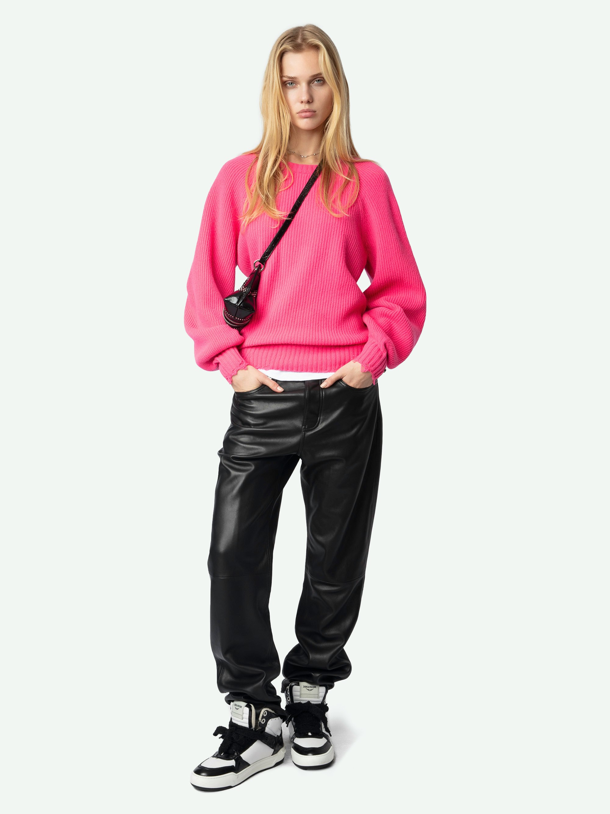 Moris Sweater - Women's fluorescent pink knit sweater.