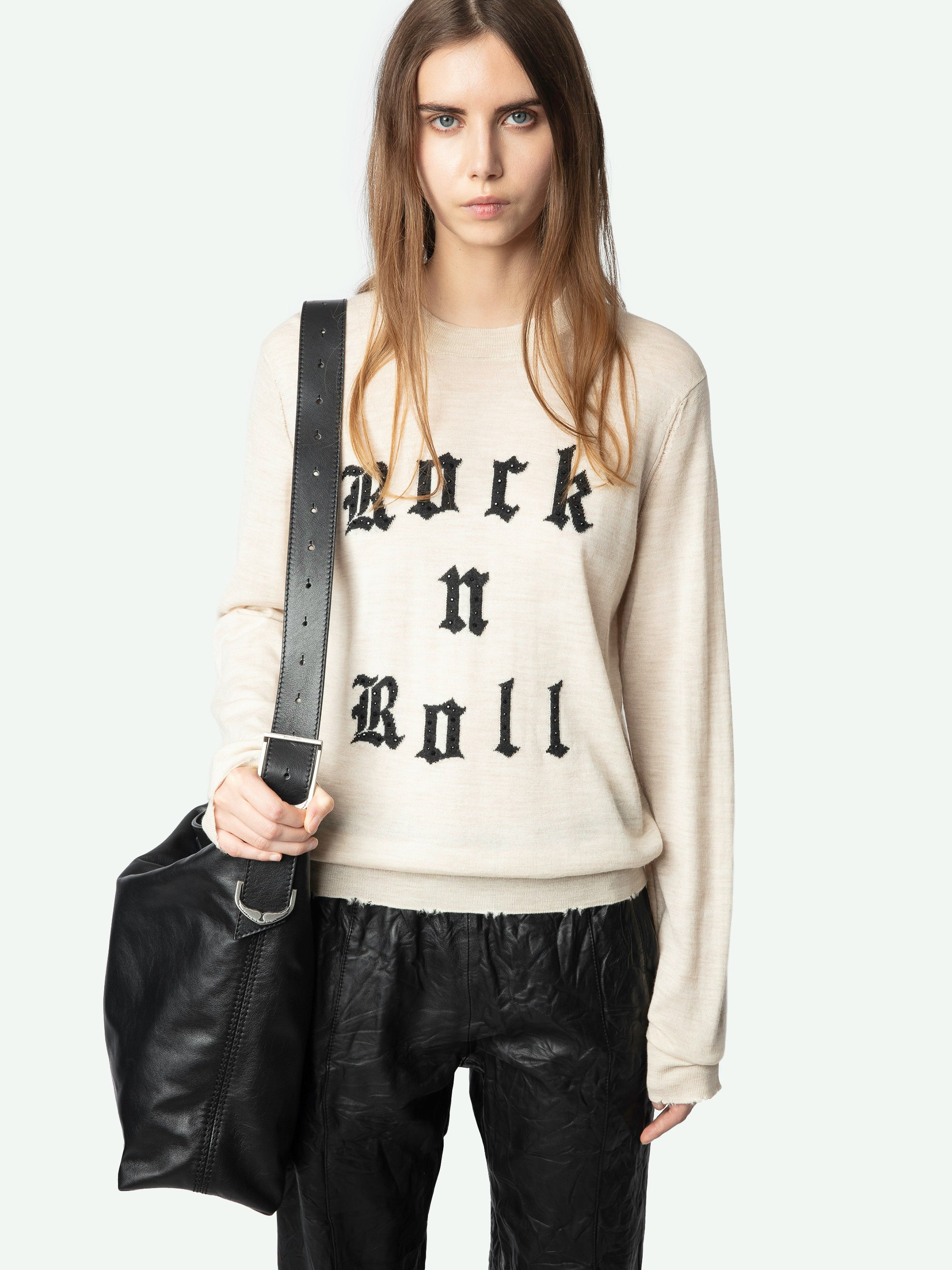 Ivy Sweater - Women's light brown sweater with "Rock n Roll" text on front.