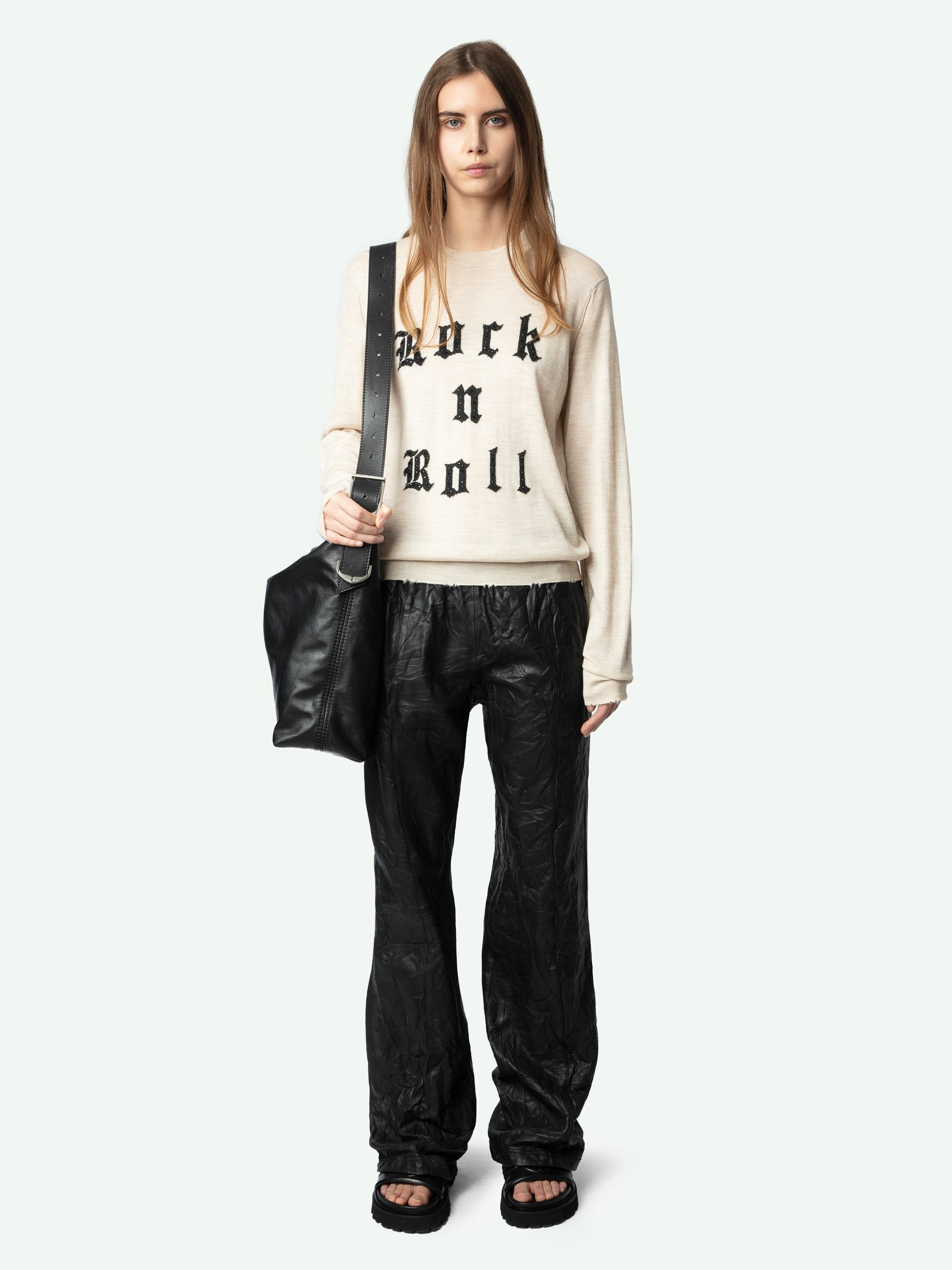 Ivy Sweater - Women's light brown sweater with "Rock n Roll" text on front.