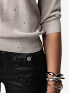 Kandy Sweater - Beige merino wool sweater with long sleeves and all-over diamante crystals.
