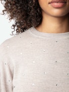 Kandy Sweater - Beige merino wool sweater with long sleeves and all-over diamante crystals.