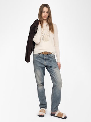 Miss Cashmere Sweater - Round neck sweater with rhinestone skull.