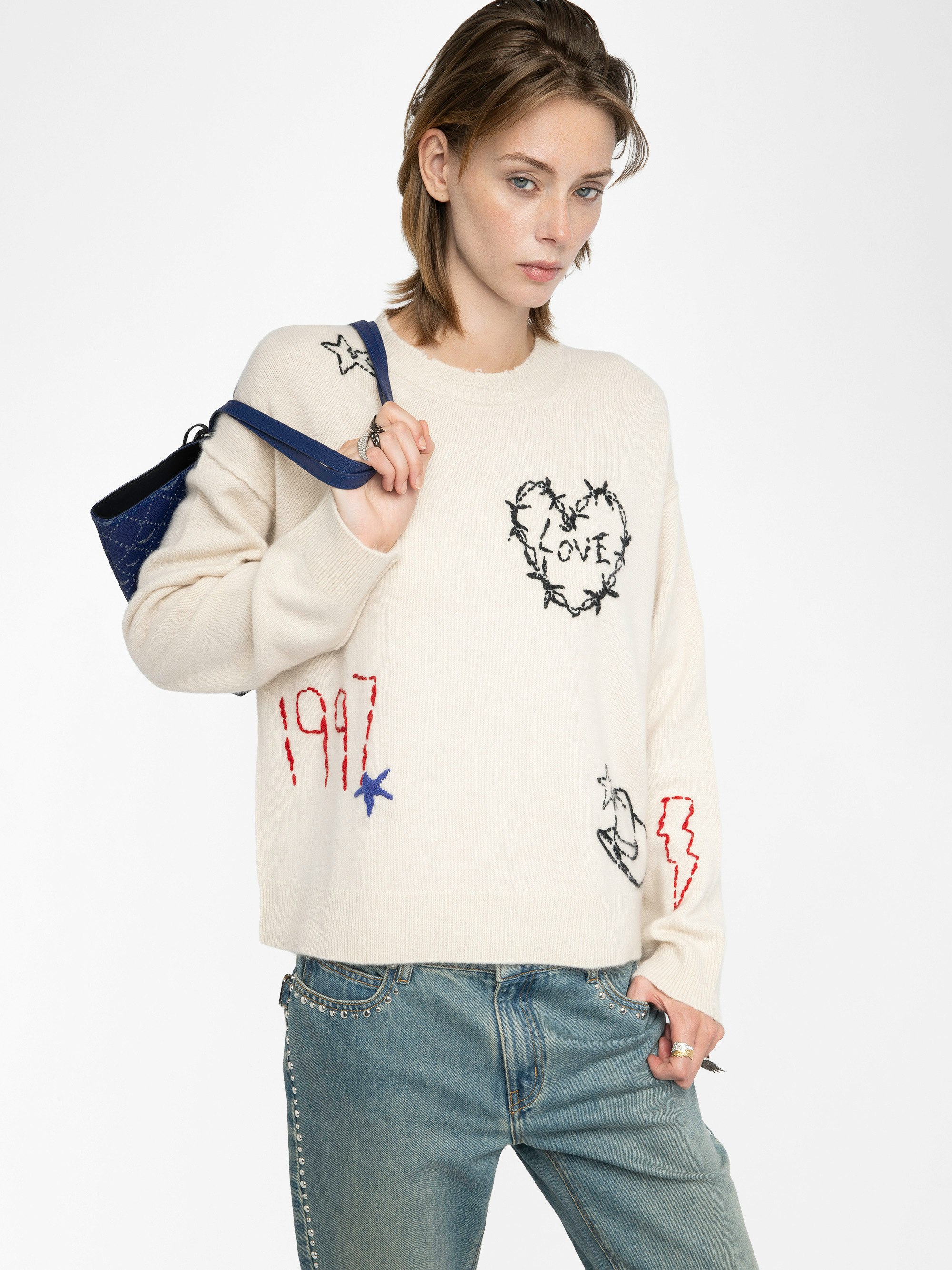 Markuz Cashmere Sweater - Round neck sweater with all-over embroidery.