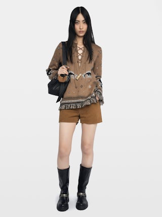 Pull Leon 100% Laine Mérinos - Pull col rond lacé et motif jacquard électronique intégral.