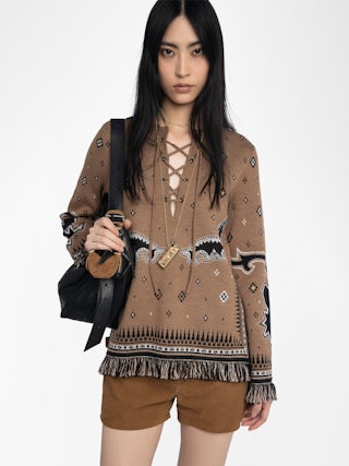 Leon Jumper 100% Merino Wool - Lace-up jumper with round neck and print.