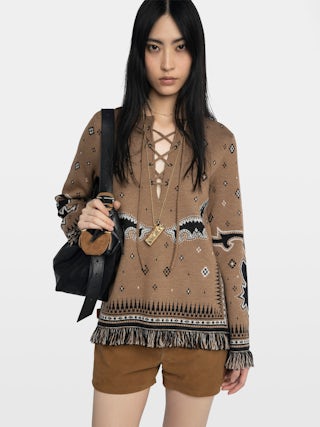 Pull Leon 100% Laine Mérinos - Pull col rond lacé et motif jacquard électronique intégral.