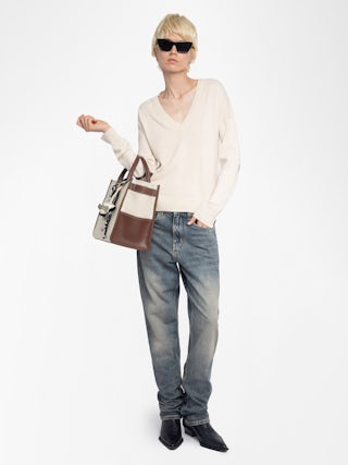 Vivi 100% Cashmere Jumper - V-neck jumper with heart patch on elbows.