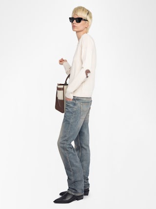 Vivi 100% Cashmere Jumper - V-neck jumper with heart patch on elbows.