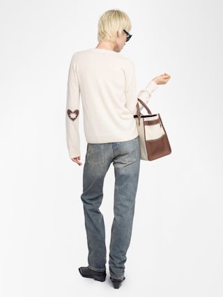 Vivi 100% Cashmere Jumper - V-neck jumper with heart patch on elbows.