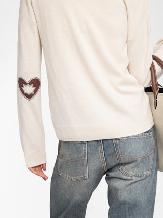 Vivi 100% Cashmere Jumper - V-neck jumper with heart patch on elbows.