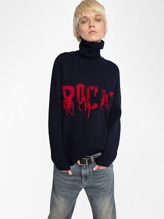 Mora Jumper 100% Merino Wool - Jumper with high collar and rock embroidery on the front.
