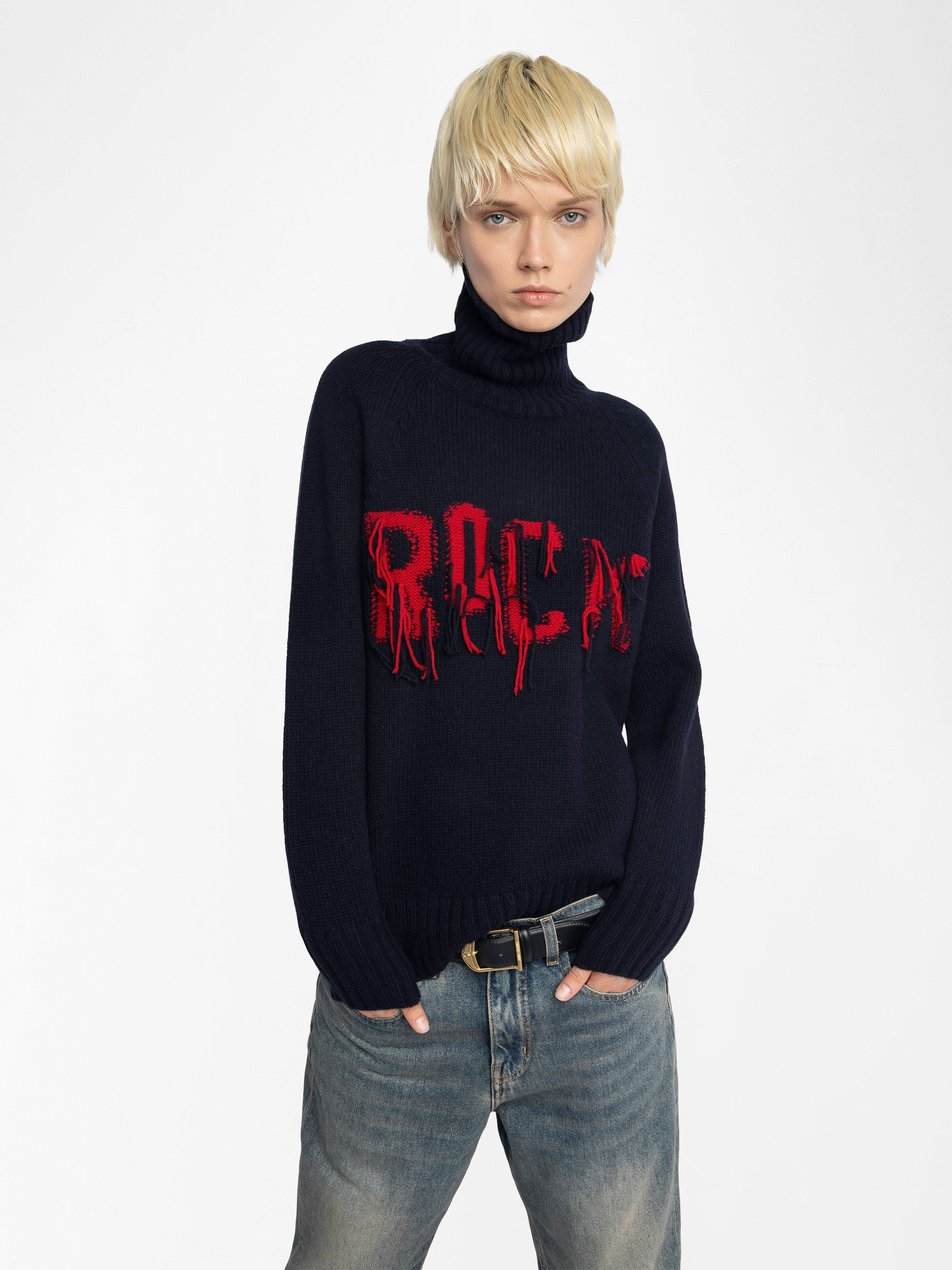Mora Wool Sweater - Sweater with high collar and love embroidery on the front.