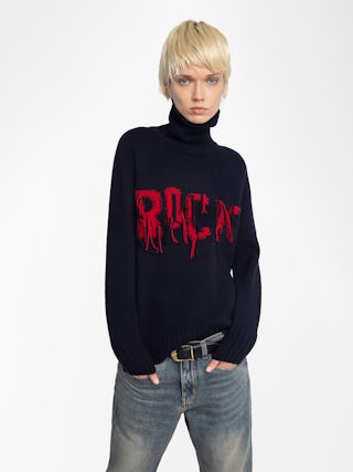 Mora Jumper 100% Merino Wool - Jumper with high collar and rock embroidery on the front.