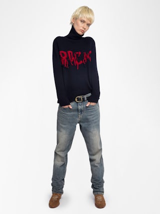 Mora Jumper 100% Merino Wool - Jumper with high collar and rock embroidery on the front.