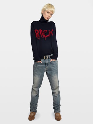 Pull Mora 100% Laine Mérinos - Pull col montant avec rock à l'avant.