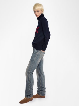 Mora Jumper 100% Merino Wool - Jumper with high collar and rock embroidery on the front.