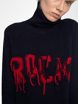 Mora Jumper 100% Merino Wool - Jumper with high collar and rock embroidery on the front.
