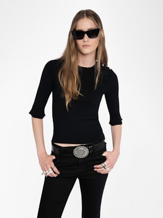 Fobee Sweater - Round neck sweater with jewel buttons and 3/4 sleeves.