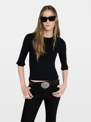 Pull Fobee - Pull col rond avec boutons bijoux et manches 3/4.