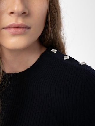 Fobee Sweater - Round neck sweater with jewel buttons and 3/4 sleeves.