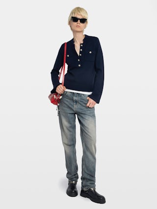 Pull Lucas - Pull ouverture boutonné avec manches évasées.