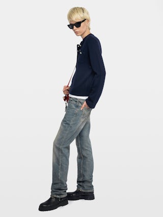 Pull Lucas - Pull ouverture boutonné avec manches évasées.