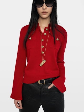 Pull Lucas - Pull ouverture boutonné avec manches évasées.