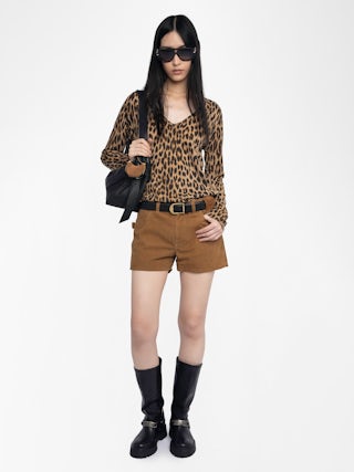 Rivy 100% Cashmere Jumper - V-neck long-sleeved jumper with all-over leopard print.