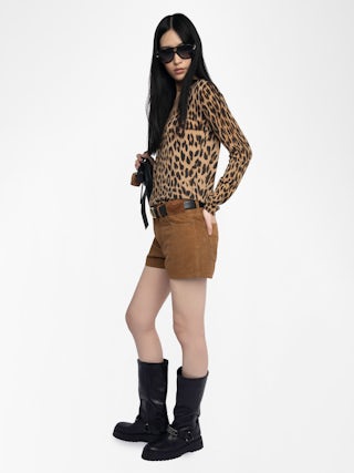 Rivy 100% Cashmere Jumper - V-neck long-sleeved jumper with all-over leopard print.