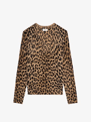 Rivy 100% Cashmere Jumper - V-neck long-sleeved jumper with all-over leopard print.