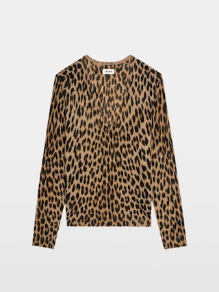 Rivy Cashmere Sweater - V-neck long-sleeved sweater with all-over leopard print.