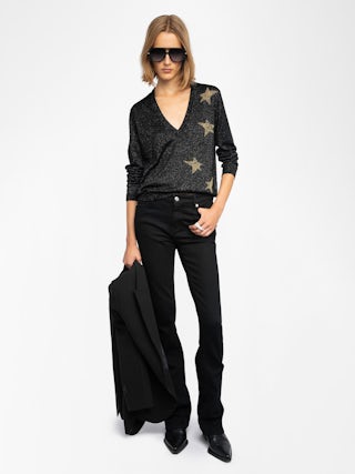 Rivyl Jumper - Luxury V-neck jumper with lurex intarsia stars.