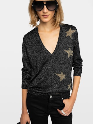 Pull Rivy - Pull col v luxe avec étoiles intarsia lurex.