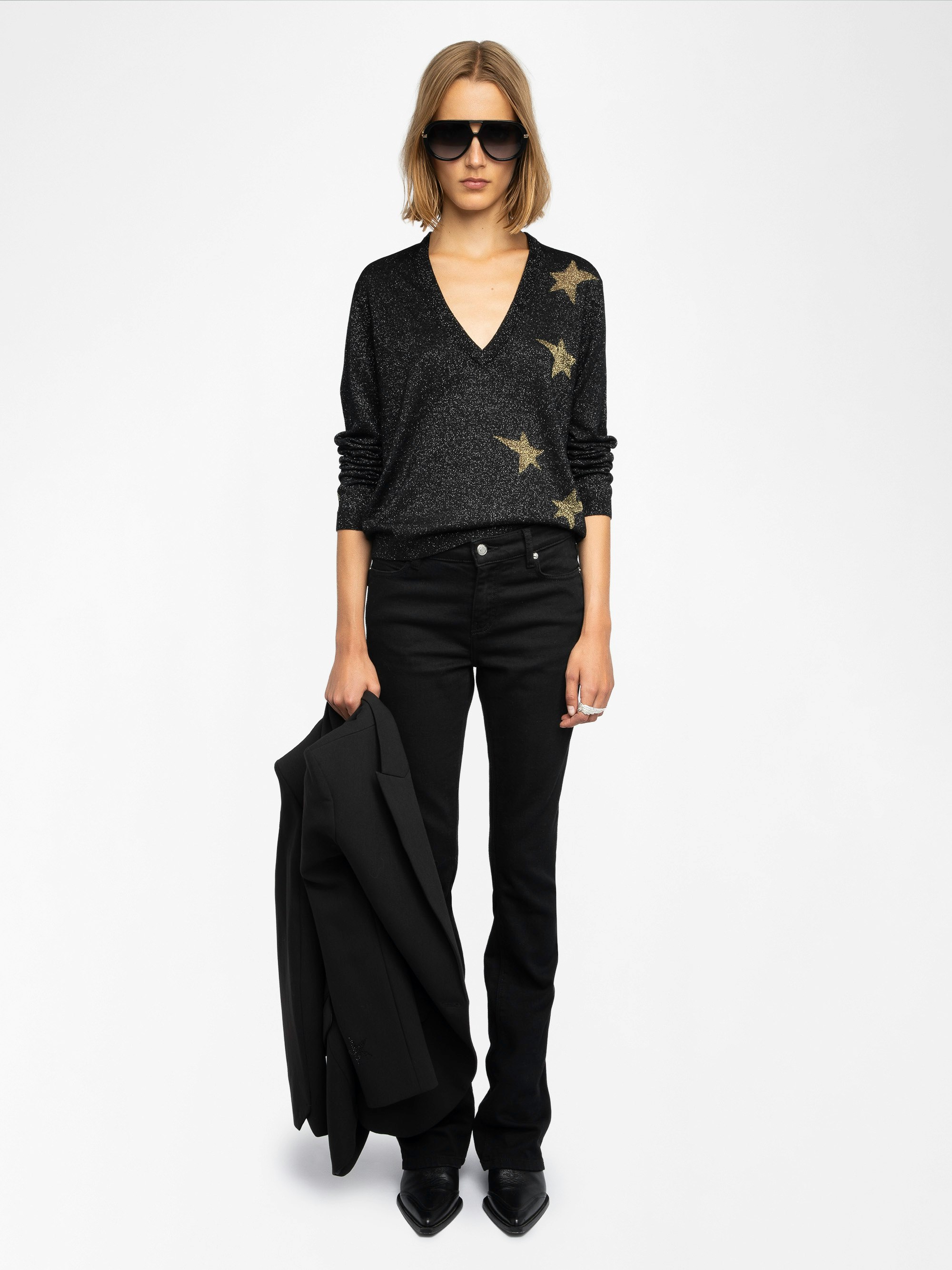 Rivyl Jumper - Luxury V-neck jumper with lurex intarsia stars.
