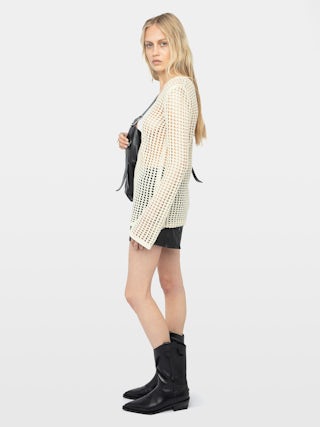 Rany White Crochet Sweater - Crochet sweater with metallic wing clasp and rhinestones.