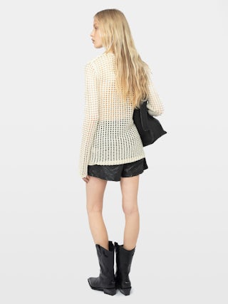 Rany White Crochet Sweater - Crochet sweater with metallic wing clasp and rhinestones.