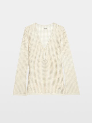 Rany White Crochet Sweater - Crochet sweater with metallic wing clasp and rhinestones.