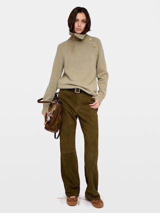 Mora Side Button Sweater - High-neck sweater with buttoned collar opening.
