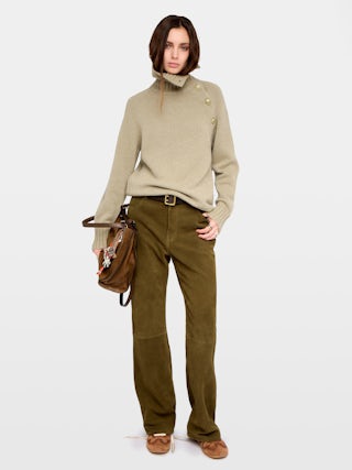 Mora Side Button Sweater - High-neck sweater with buttoned collar opening.