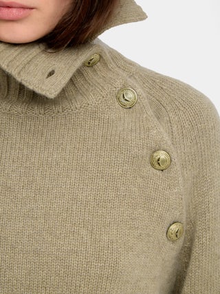 Mora Side Button Sweater - High-neck sweater with buttoned collar opening.