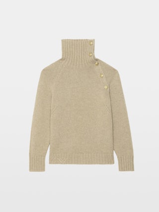 Mora Side Button Sweater - High-neck sweater with buttoned collar opening.