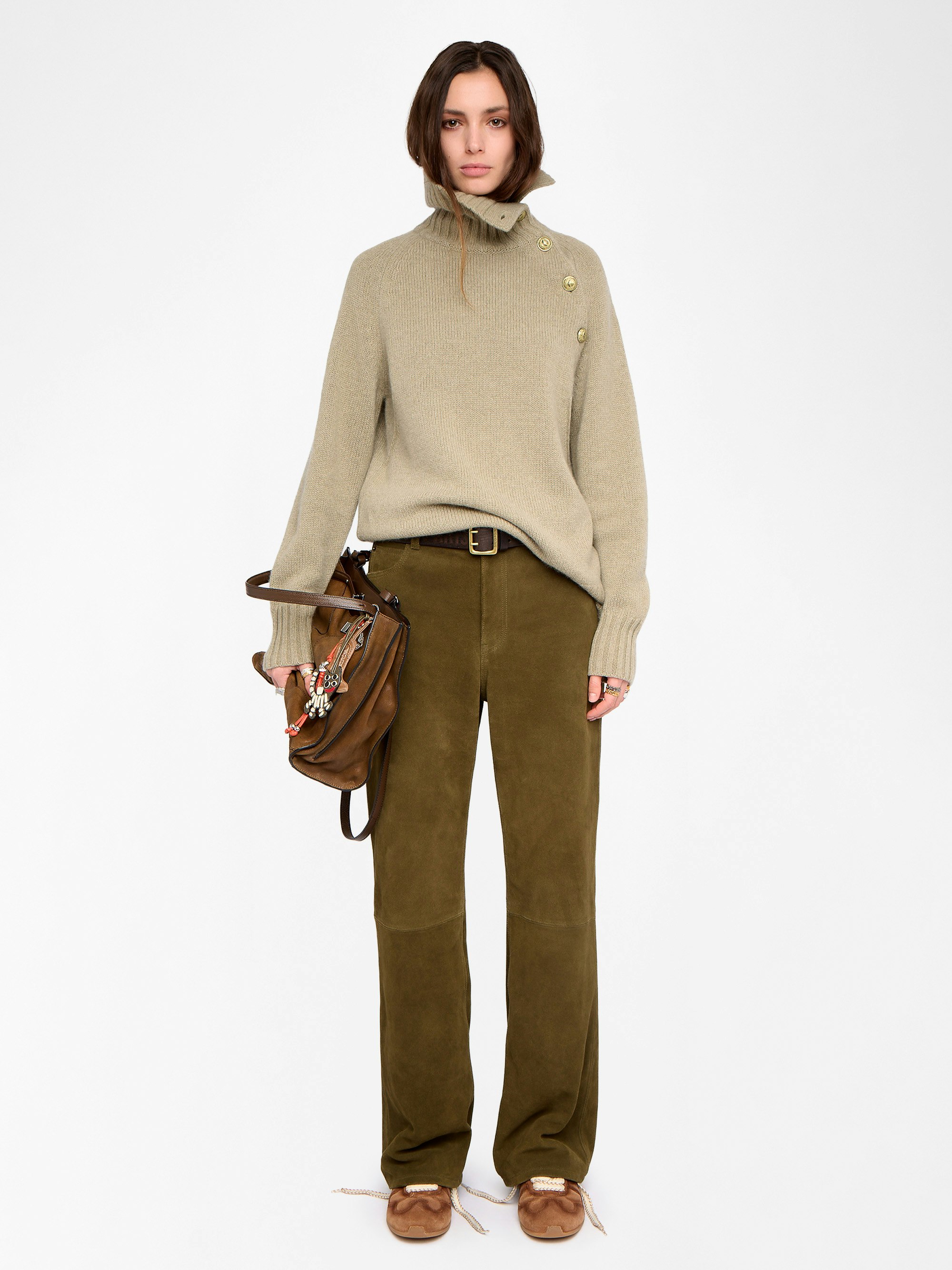 Pull Mora 100% Cachemire - Pull col montant avec ouvertures col boutons ailes.