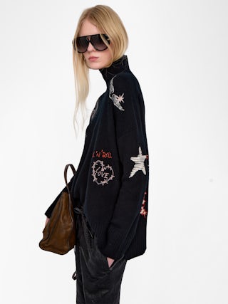 Bleeza Cashmere Sweater - High-neck sweater with worn effect and intarsia.