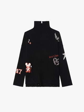 Bleeza Cashmere Sweater - High-neck sweater with worn effect and intarsia.