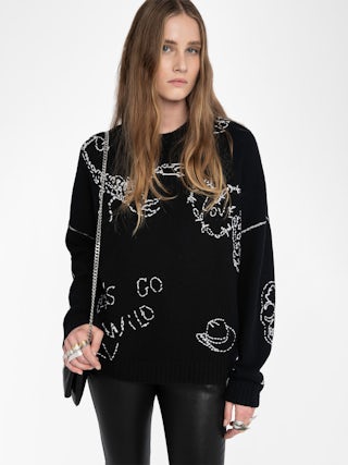 Baba Embroidered Wool Sweater - Sweater with round neckline and hand embroideries all over.