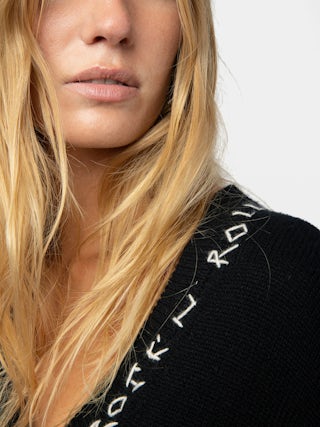 Jumper Mikyz 100% Cashmere - V-neck jumper with long sleeves, Rock n Roll embroidery at the neckline and on the right sleeve.