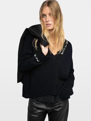 Jumper Mikyz 100% Cashmere - V-neck jumper with long sleeves, Rock n Roll embroidery at the neckline and on the right sleeve.